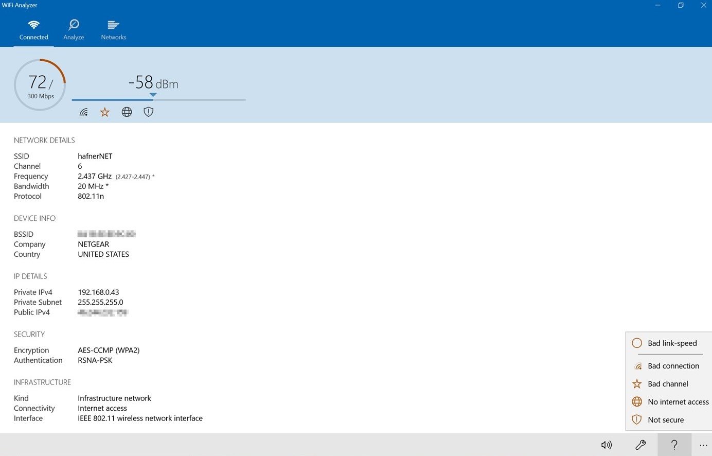 WiFi Analyzer network list showing detected wireless networks